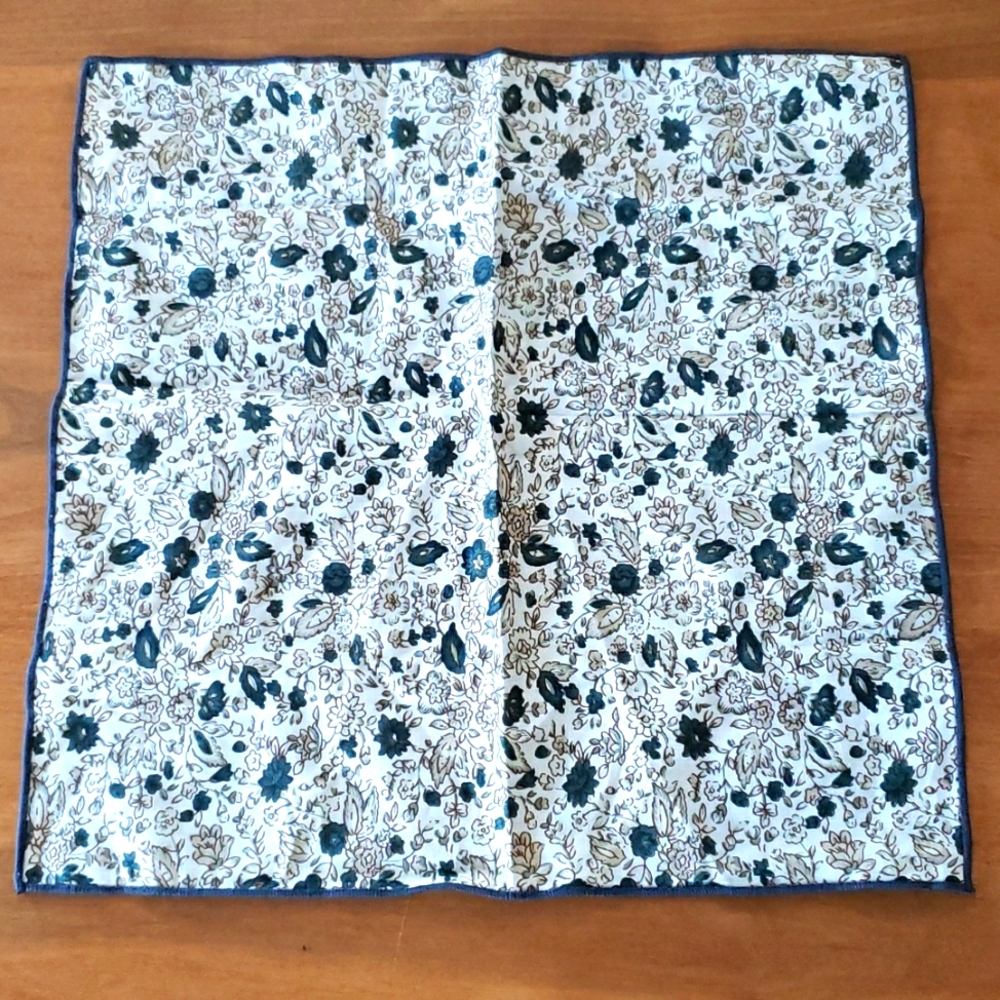 Cotton floral pocket square. 12x12. Colors(off white, olive and tan)